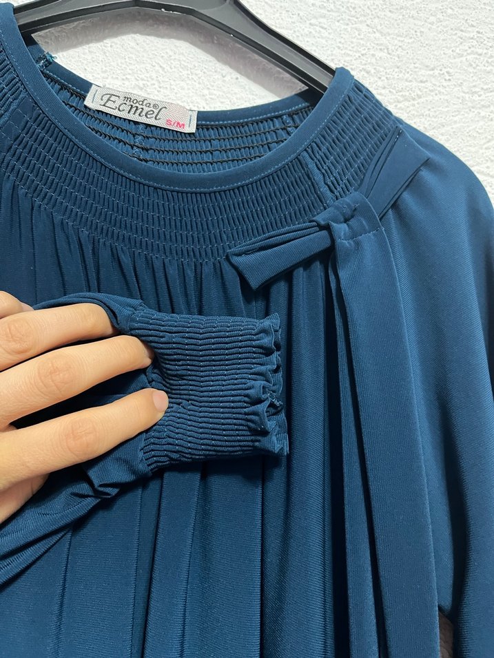 Kadın Lacivert Uzun Kollu Pilili Elbise - Görsel 3