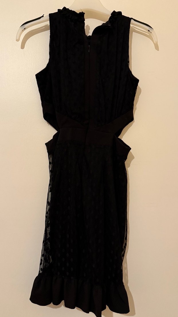 Siyah Mini Fırfırlı Puantiyeli Elbise - Görsel 3