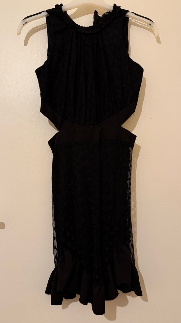 Siyah Mini Fırfırlı Puantiyeli Elbise - Görsel 2