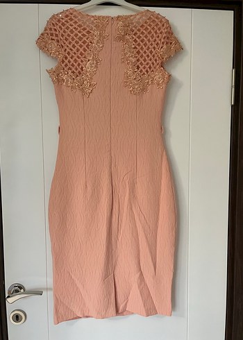 Bej Midi Dantel Detaylı Kolsuz Abiye Elbise - Görsel 3