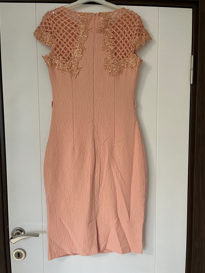 Bej Midi Dantel Detaylı Kolsuz Abiye Elbise - Görsel 3