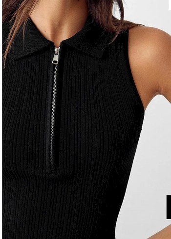 Siyah Piliseli Yüksek Yakalı Kadın Elbise - Görsel 4