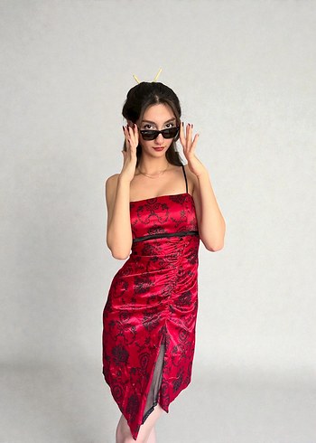 Kırmızı Desenli Kokteyl Elbise - Görsel 3