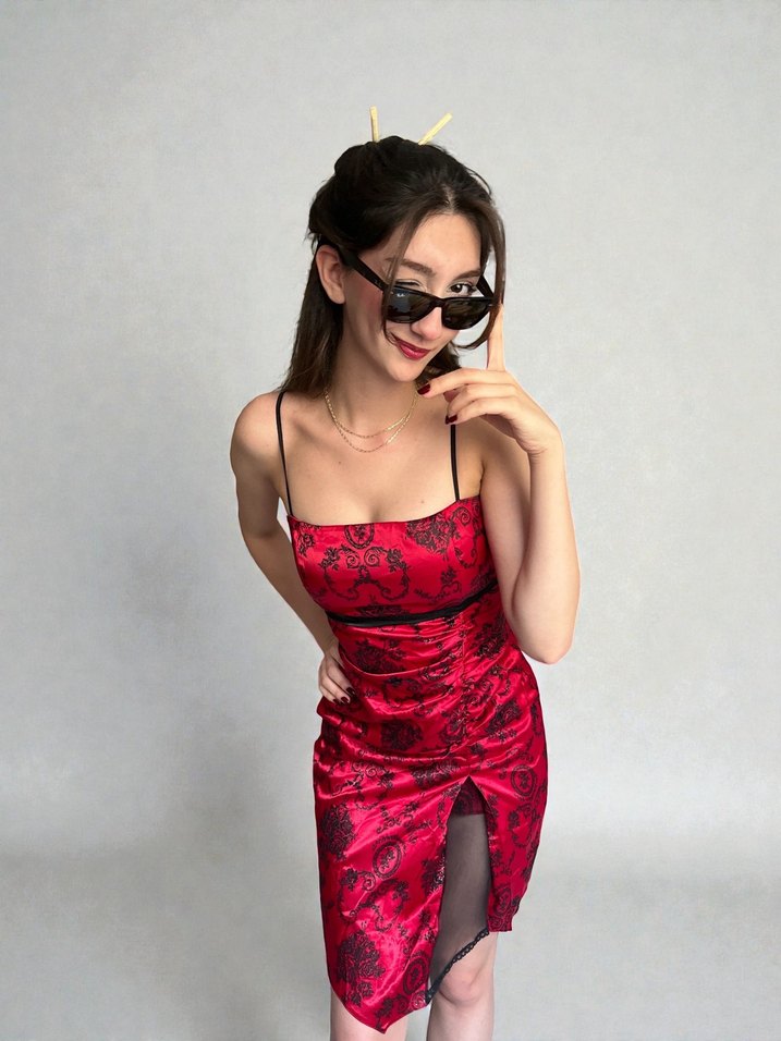 Kırmızı Desenli Kokteyl Elbise - Görsel 2