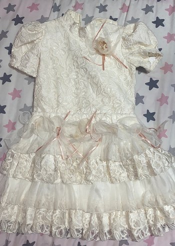 Kız Çocuk Dantel İşlemeli Beyaz Elbise - Görsel 2