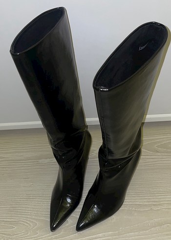 Kadın Siyah Rugan Dizüstü Çizme Stiletto Topuklu - Görsel 3