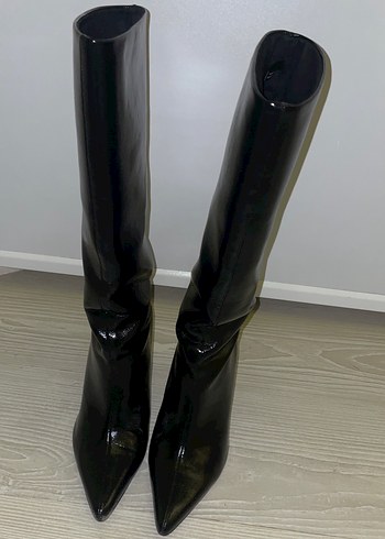 Kadın Siyah Rugan Dizüstü Çizme Stiletto Topuklu - Görsel 5