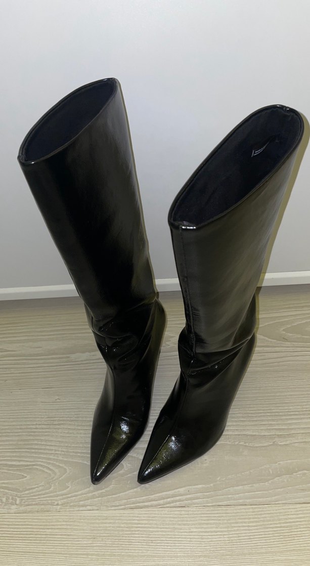 Kadın Siyah Rugan Dizüstü Çizme Stiletto Topuklu - Görsel 3