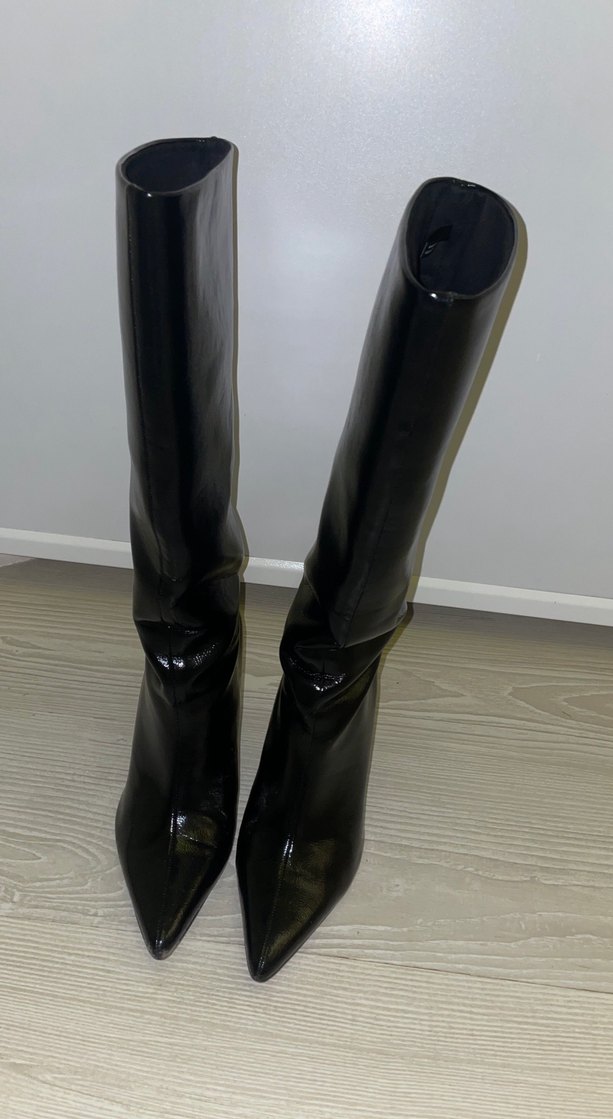 Kadın Siyah Rugan Dizüstü Çizme Stiletto Topuklu - Görsel 5