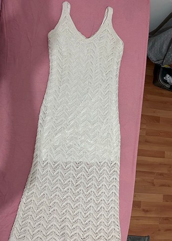 Beyaz Örgü Bohem Uzun Elbise - Görsel 4