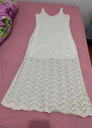 Beyaz Örgü Bohem Uzun Elbise - Görsel 2
