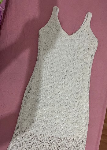 Beyaz Örgü Bohem Uzun Elbise - Görsel 3