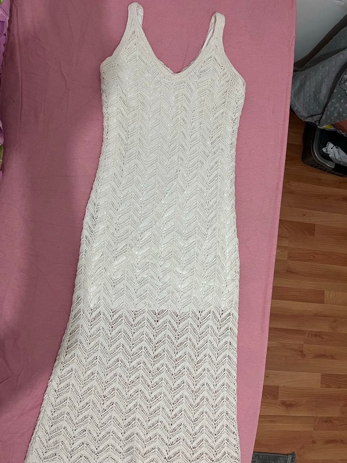 Beyaz Örgü Bohem Uzun Elbise - Görsel 4