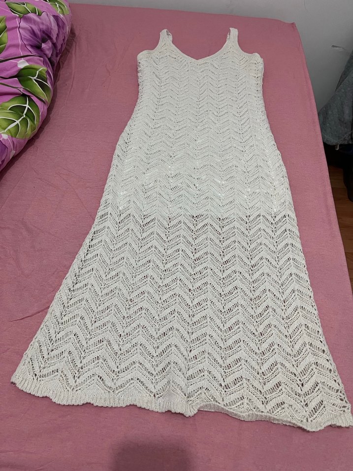 Beyaz Örgü Bohem Uzun Elbise - Görsel 2
