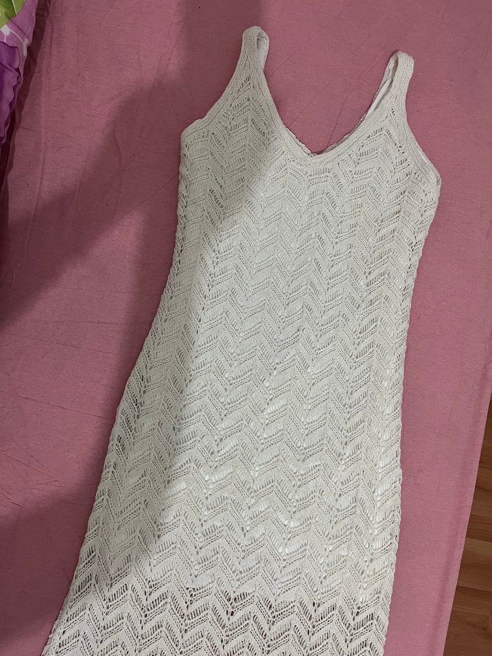 Beyaz Örgü Bohem Uzun Elbise - Görsel 3