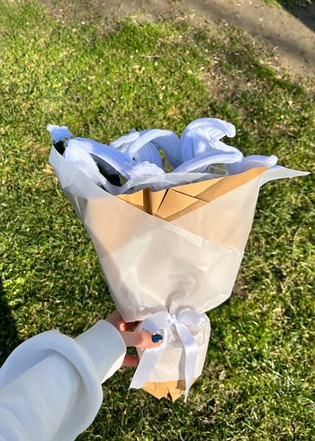 Asla solmayan beyaz bohem tarzı şönil çiçek buketi - Görsel 3