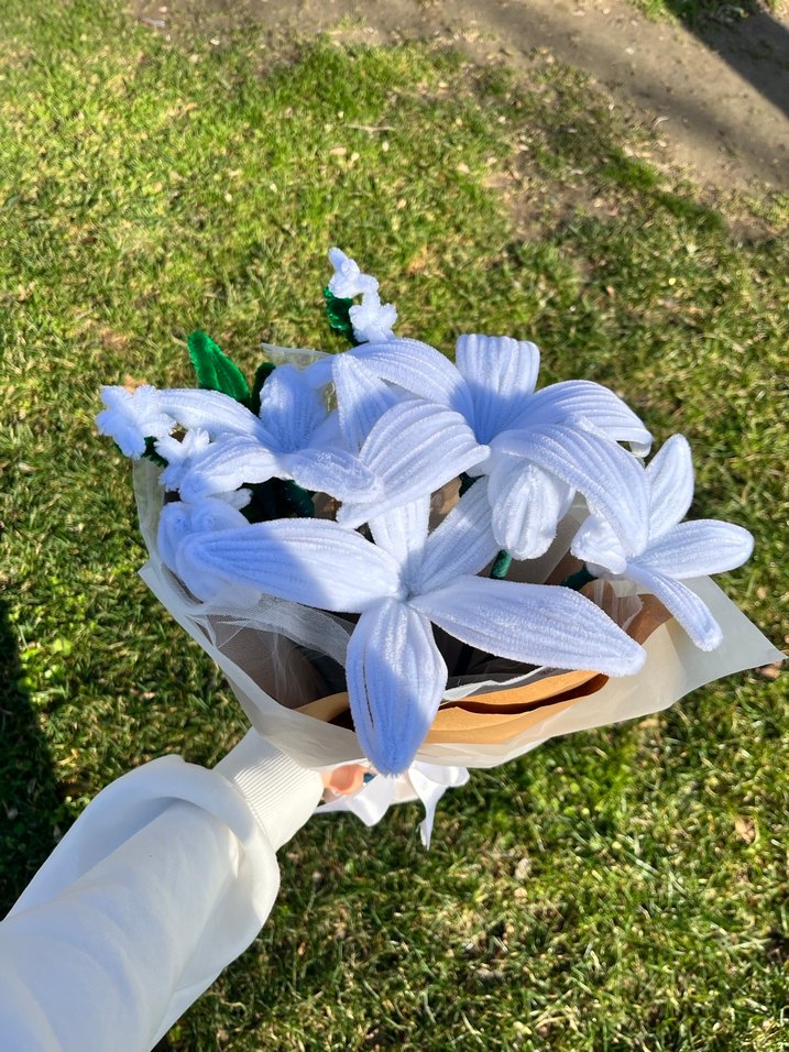 Asla solmayan beyaz bohem tarzı şönil çiçek buketi - Görsel 2