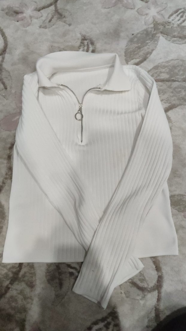 Beyaz Yarım Fermuarlı Kadın Sweatshirt - Görsel 2