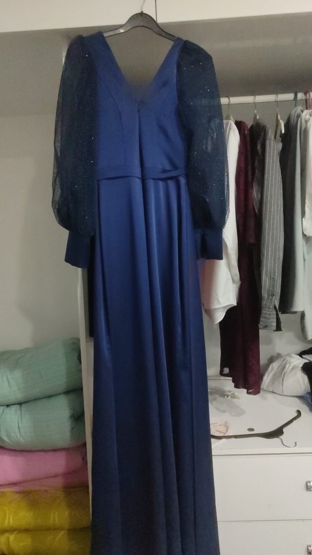 Kadın Lacivert Uzun Kollu Drapeli Abiye Elbise - Görsel 2