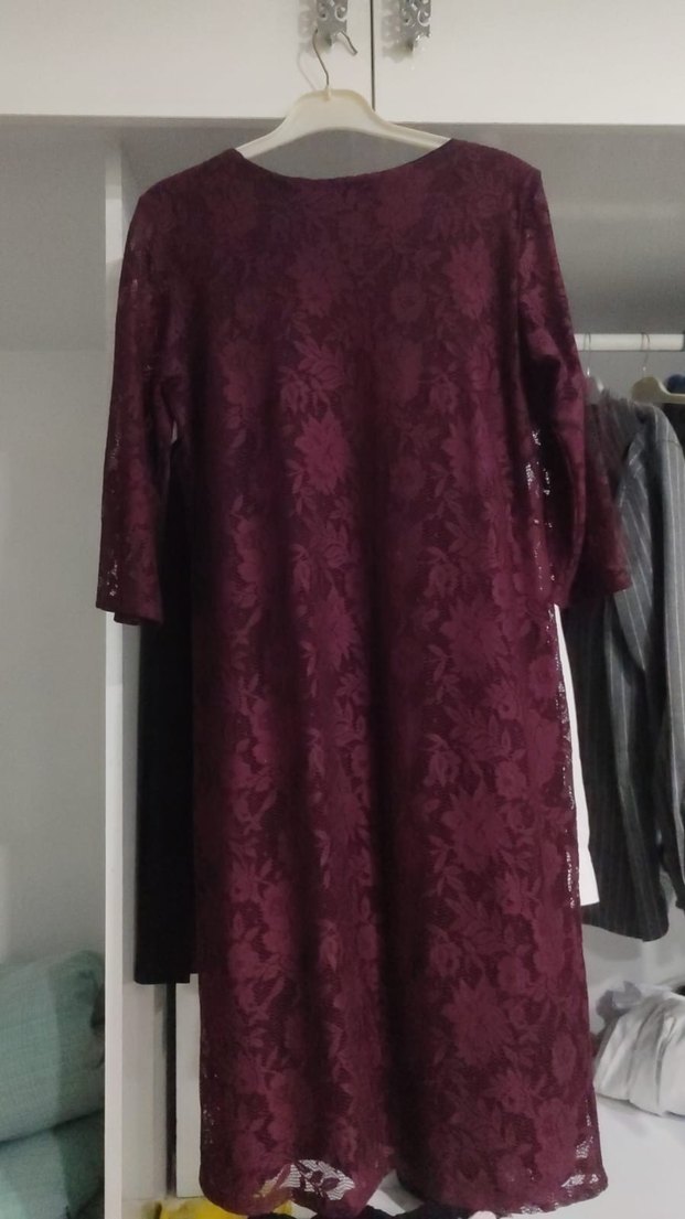 Bordo Midi Dantel Bohem Elbise - Görsel 2