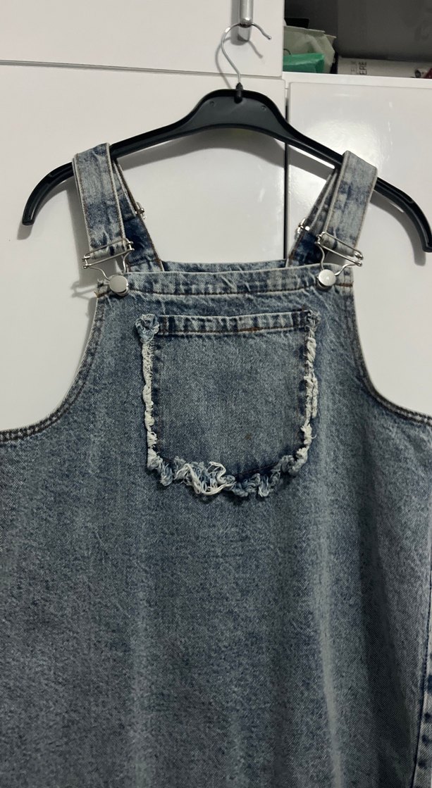 Kadın Gri Mavi Denim Midi Salopet - Görsel 2