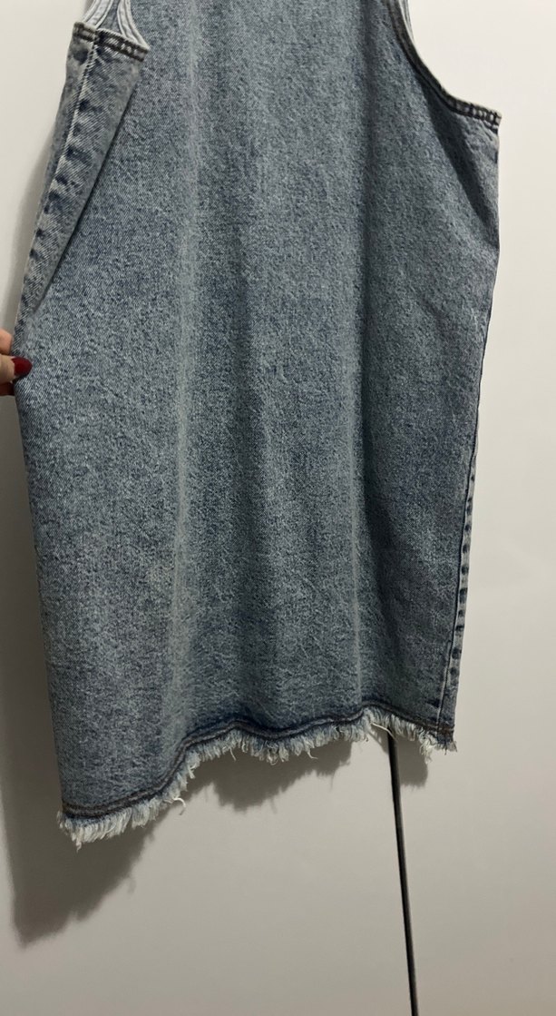 Kadın Gri Mavi Denim Midi Salopet - Görsel 4