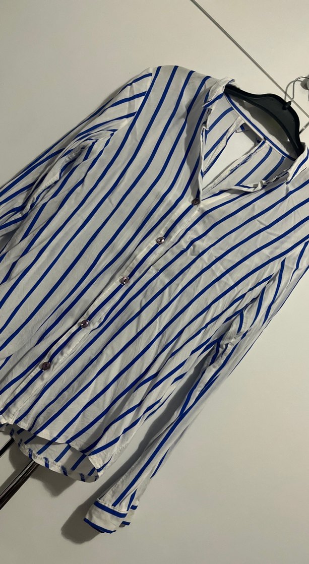 Mavi Çizgili Uzun Kollu Keten Kadın Gömlek - Görsel 2