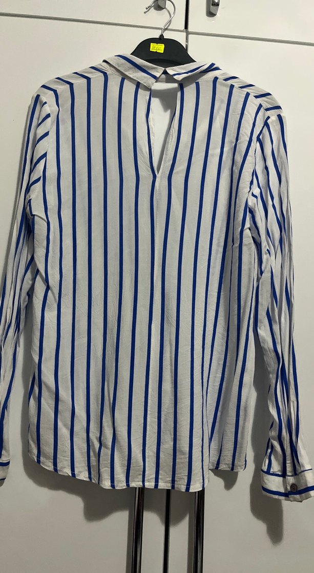 Mavi Çizgili Uzun Kollu Keten Kadın Gömlek - Görsel 3