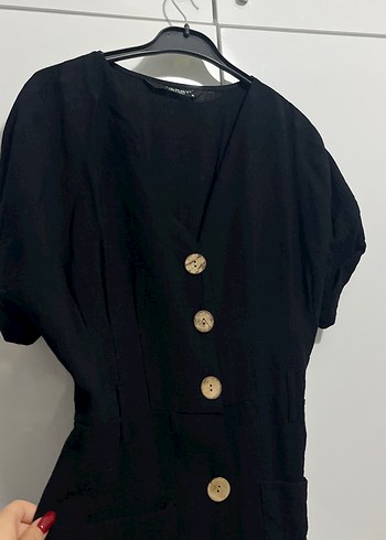 Düğmeli Siyah Uzun Keten Elbise - Görsel 3