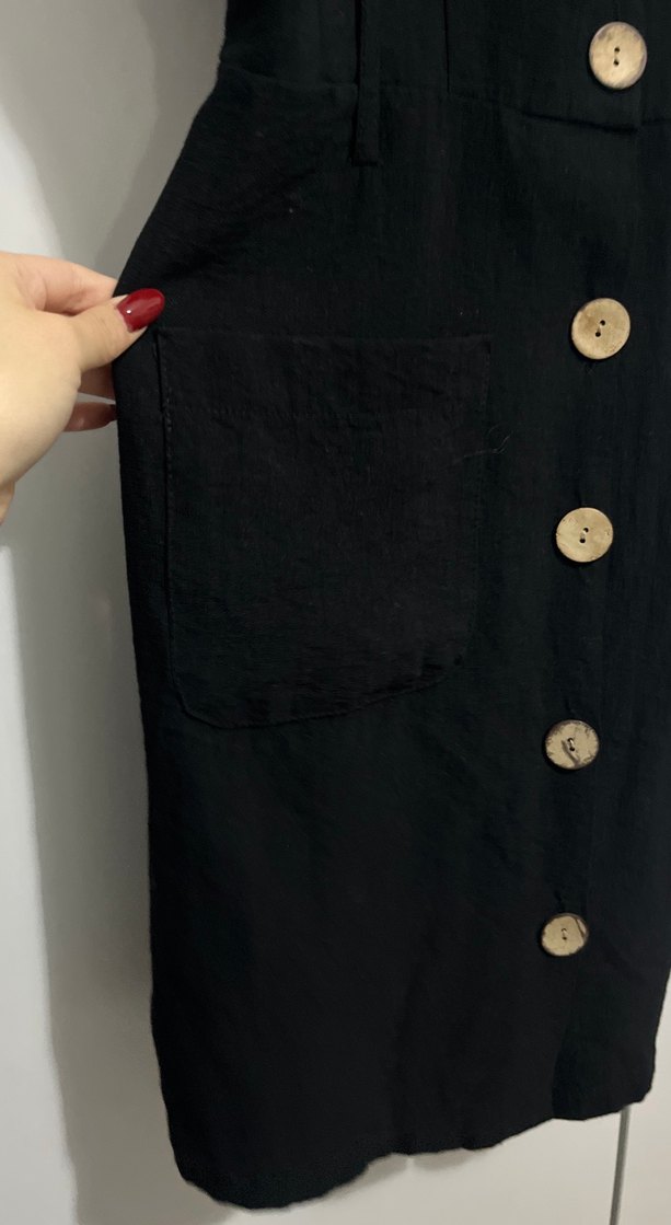 Düğmeli Siyah Uzun Keten Elbise - Görsel 2