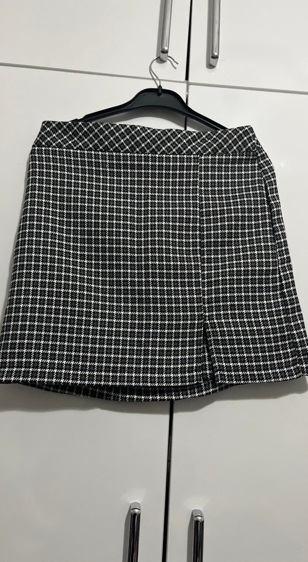 Kadın Siyah Kareli Pilili Mini Etek - Görsel 2