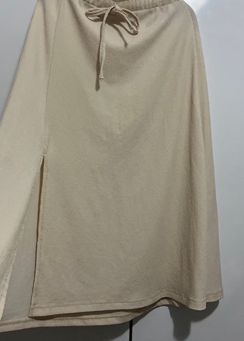 Bej Midi Keten Salaş Drapeli Etek - Görsel 2