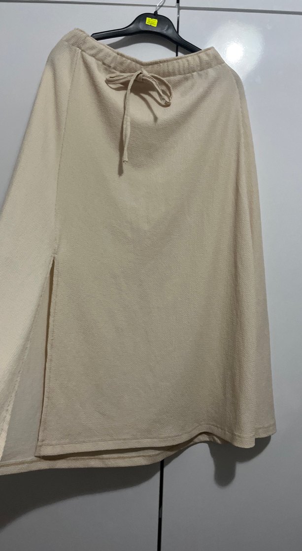 Bej Midi Keten Salaş Drapeli Etek - Görsel 2