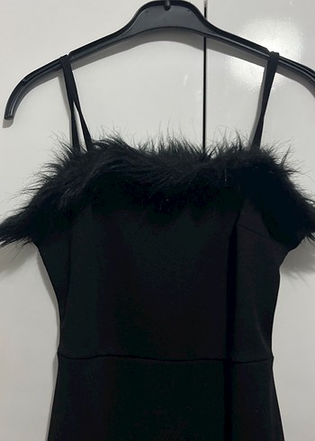 Kürk Detaylı Siyah Straplez Mini Elbise - Görsel 2