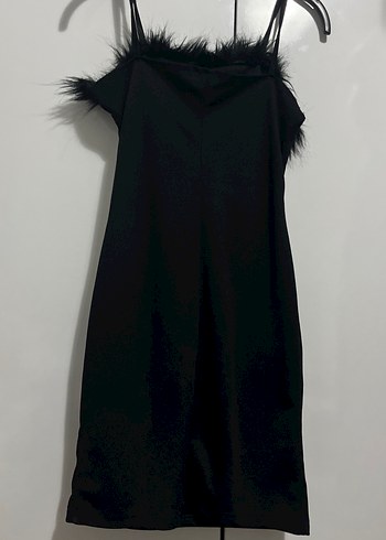 Kürk Detaylı Siyah Straplez Mini Elbise - Görsel 3