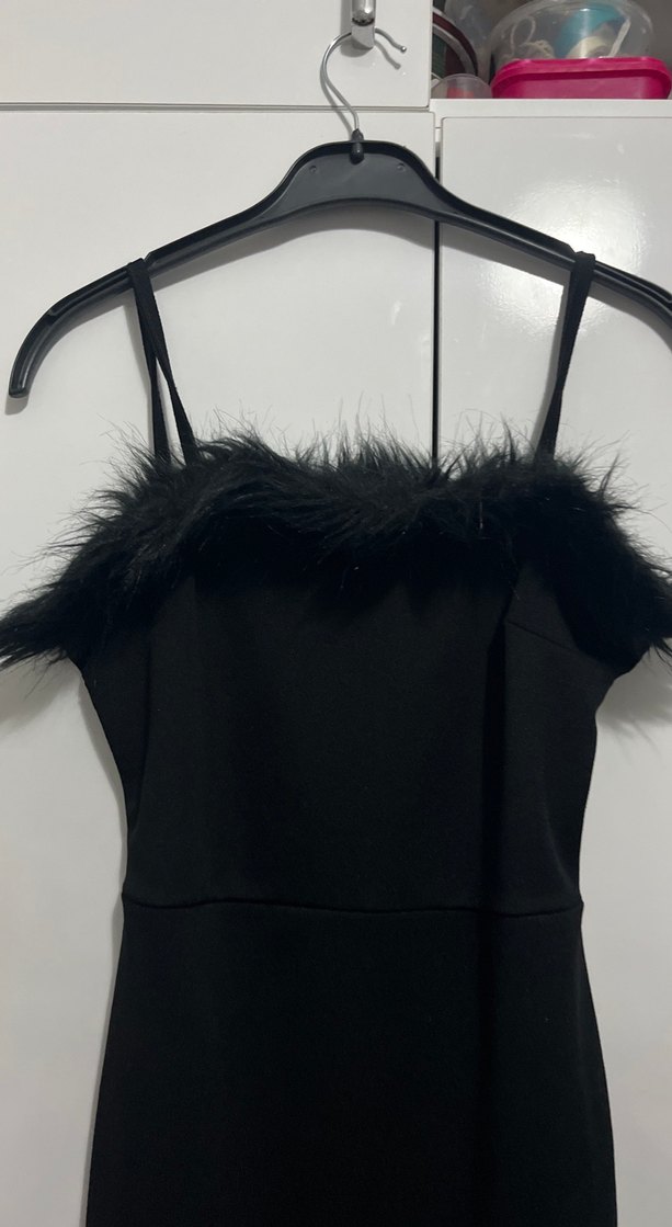 Kürk Detaylı Siyah Straplez Mini  Elbise - Görsel 2