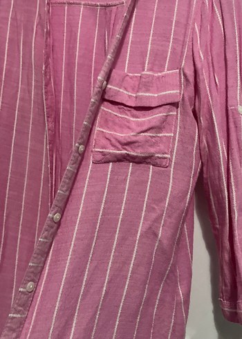 Pembe Çizgili V Yaka Uzun Kollu Keten Gömlek - Görsel 2