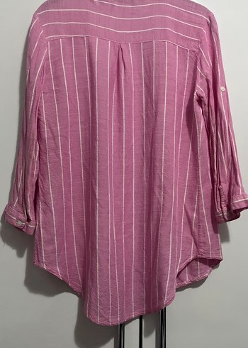 Pembe Çizgili V Yaka Uzun Kollu Keten Gömlek - Görsel 3