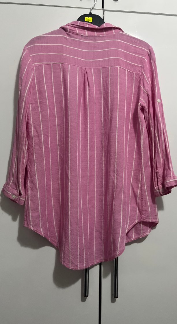 Pembe Çizgili V Yaka Uzun Kollu Keten Gömlek - Görsel 3