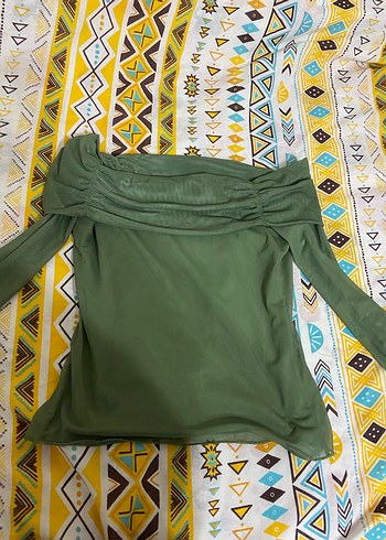 Uzun Kollu Drapeli Straplez Yeşil Bluz - Görsel 2