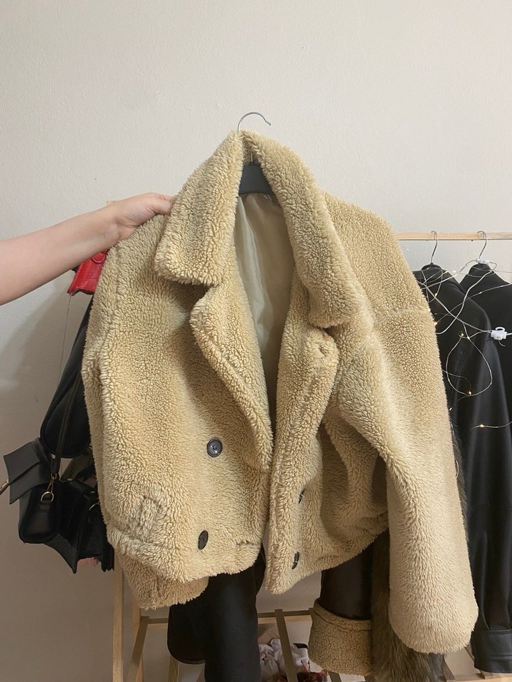 Kahverengi Peluş Kadın Midi Ceket - Görsel 3