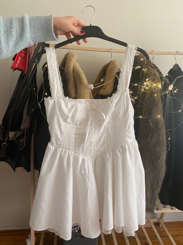 Dantel Detaylı Beyaz Mini Elbise - Görsel 5
