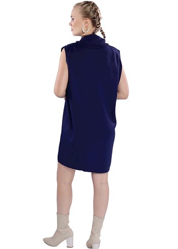 Kolsuz Mini Lacivert Triko Elbise inci detaylı - Görsel 2