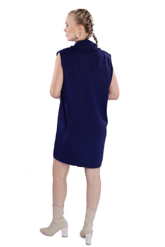 Kolsuz Mini Lacivert Triko Elbise inci detaylı - Görsel 2