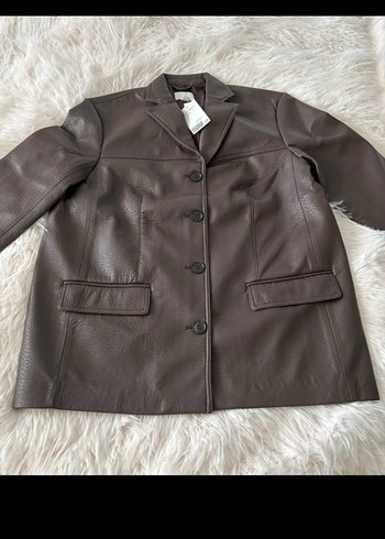 H&M Düğmeli Kahverengi Kadın Deri Ceket - Görsel 4