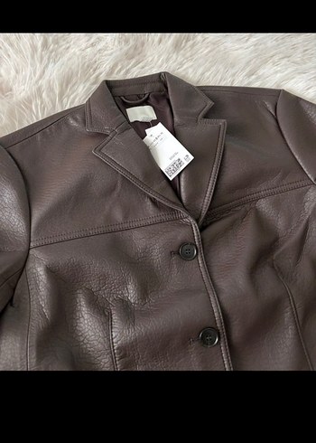 H&M Düğmeli Kahverengi Kadın Deri Ceket - Görsel 3
