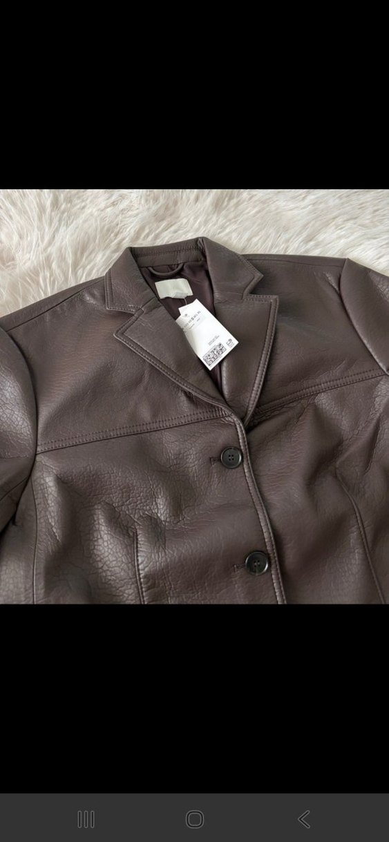 H&M Düğmeli Kahverengi Kadın Deri Ceket - Görsel 3