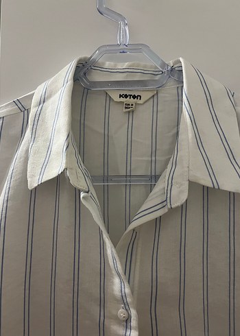 Düğmeli Çizgili Keten Gömlek - Görsel 2