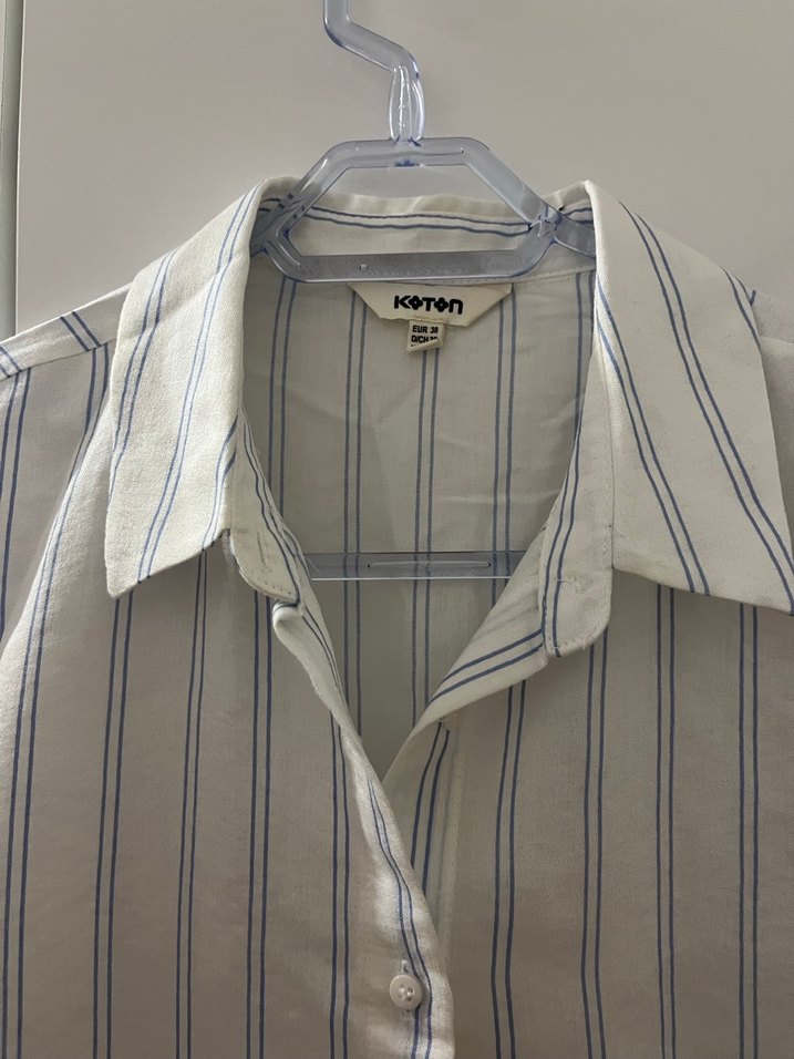 Düğmeli Çizgili Keten Gömlek - Görsel 2