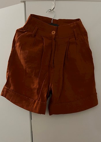 Düğmeli Koyu Kahverengi kiremit Keten Mini Kumaş şort - Görsel 2